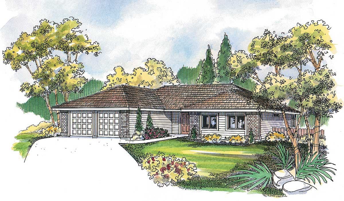 House plan exterior: Single-story ranch with a hip roof, three-car garage, brick accents, and multiple gables.