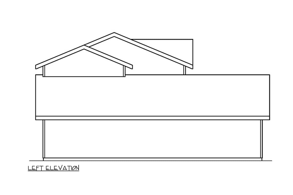 Left elevation house plan drawing showing a two-story structure with varied rooflines and exposed rafters.