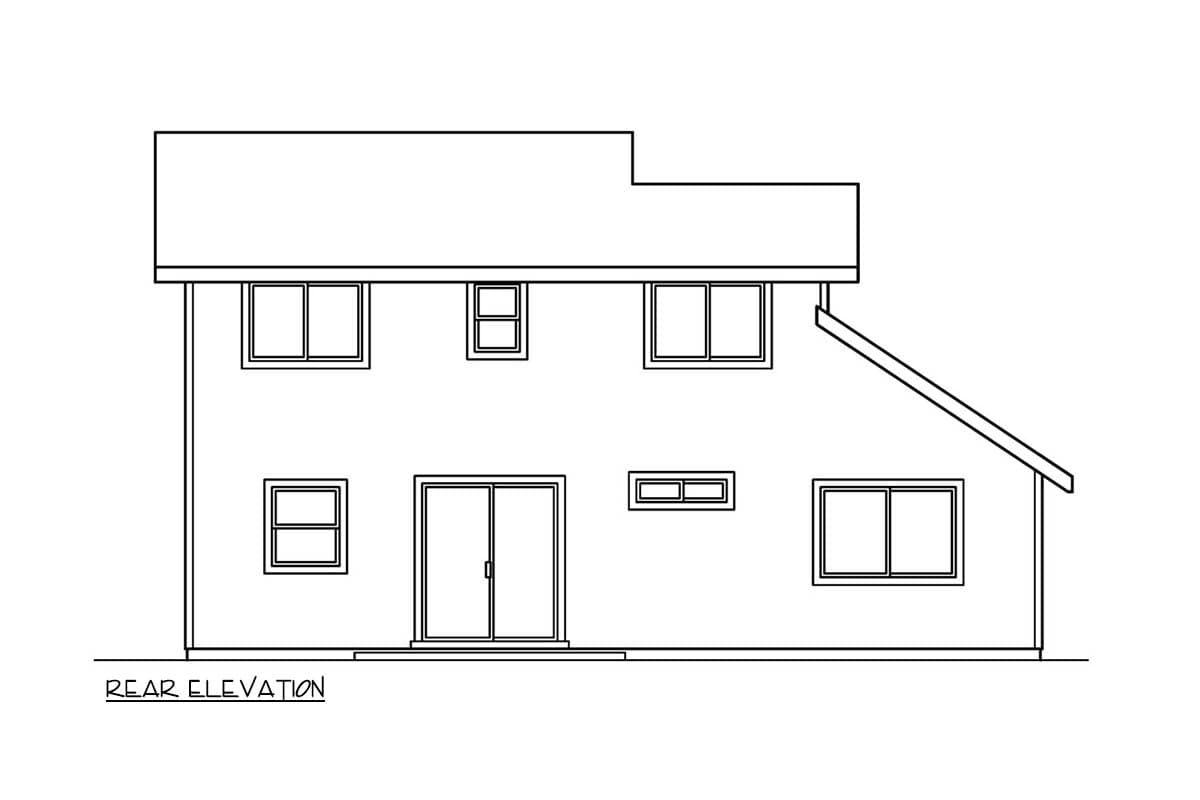 Rear elevation drawing of a two-story house with a stepped roofline, multiple windows, and sliding glass doors.