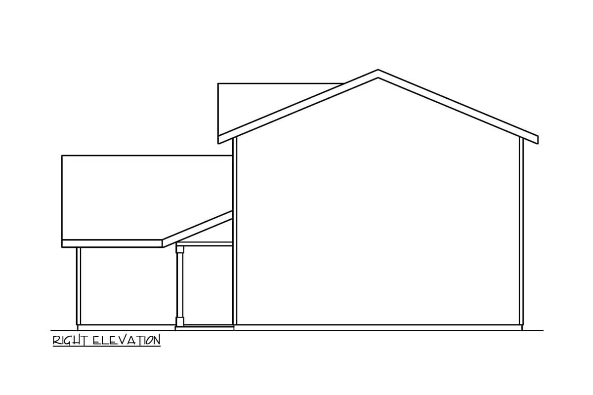 Right elevation drawing of a house plan, showing a gable roof and a covered porch.