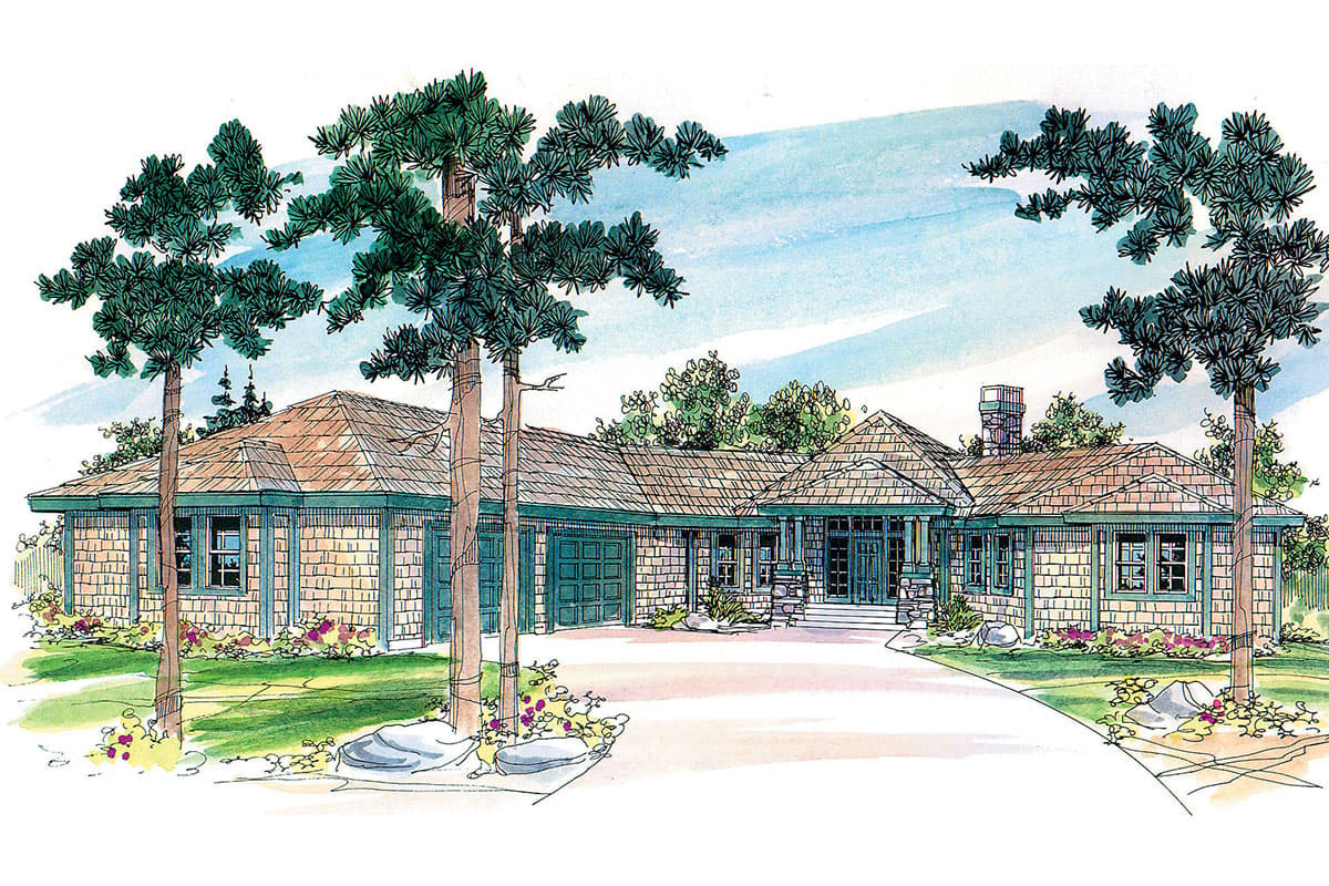 House plan exterior: Ranch style with shake siding, gabled entrance, multiple rooflines, and a three-car garage.