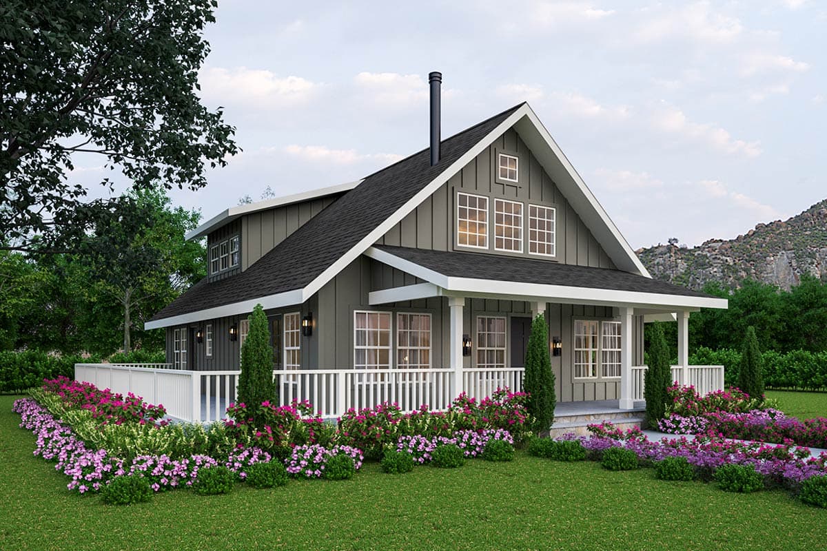 Modern Farmhouse style house plan exterior with a wrap-around porch, board and batten siding, and multiple gables.