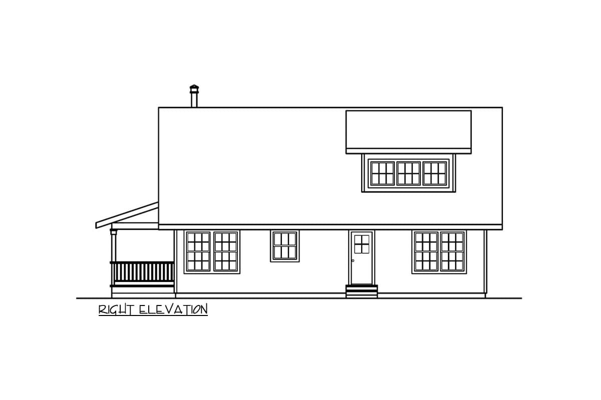 Right elevation house plan with a covered porch, chimney, and multiple double-hung windows.