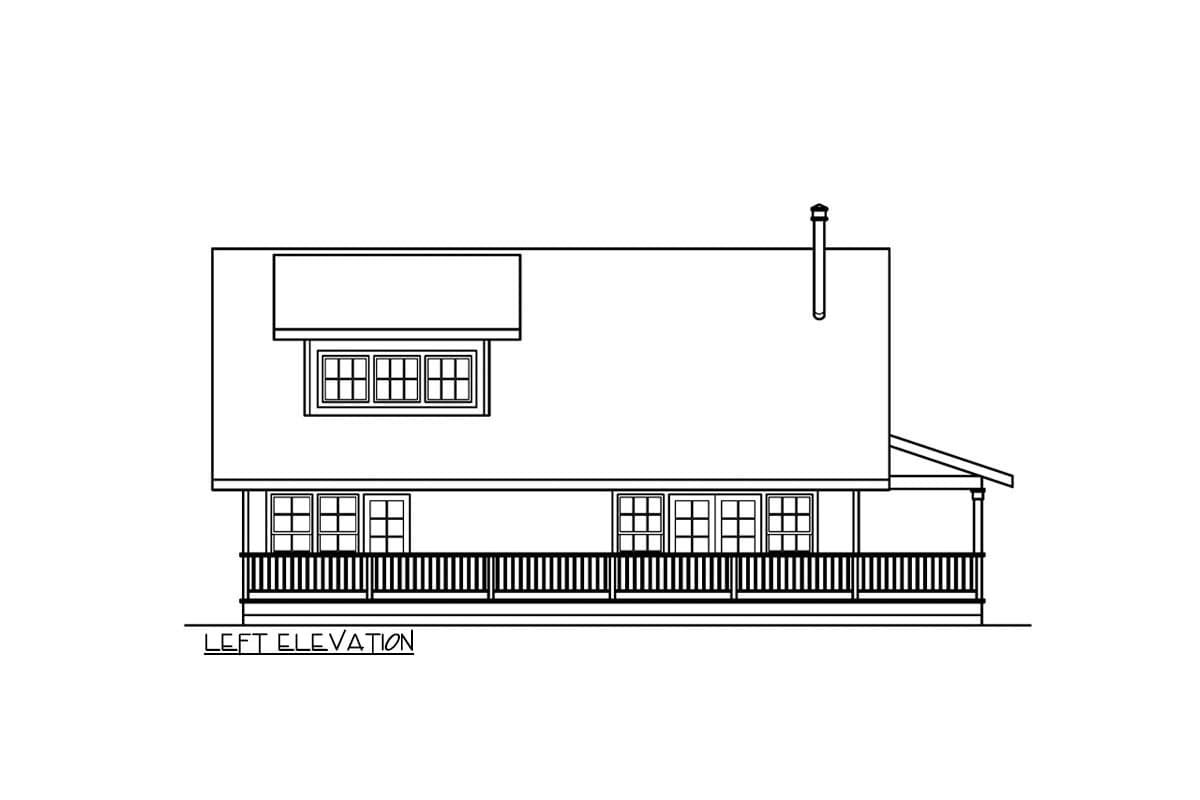 Left elevation drawing of a house plan showing a covered porch, multiple windows, and a dormer.