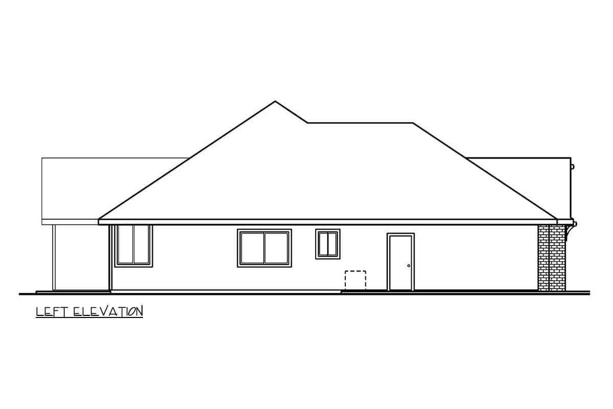 Left elevation drawing of a house plan, showing a hip roof, covered porch, and brick column.