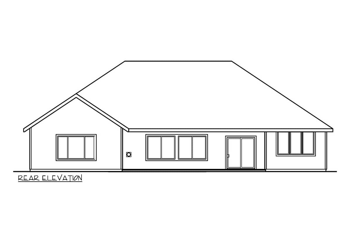 Rear elevation drawing of a one-story house plan with a gable end, multiple windows, and a sliding glass door.