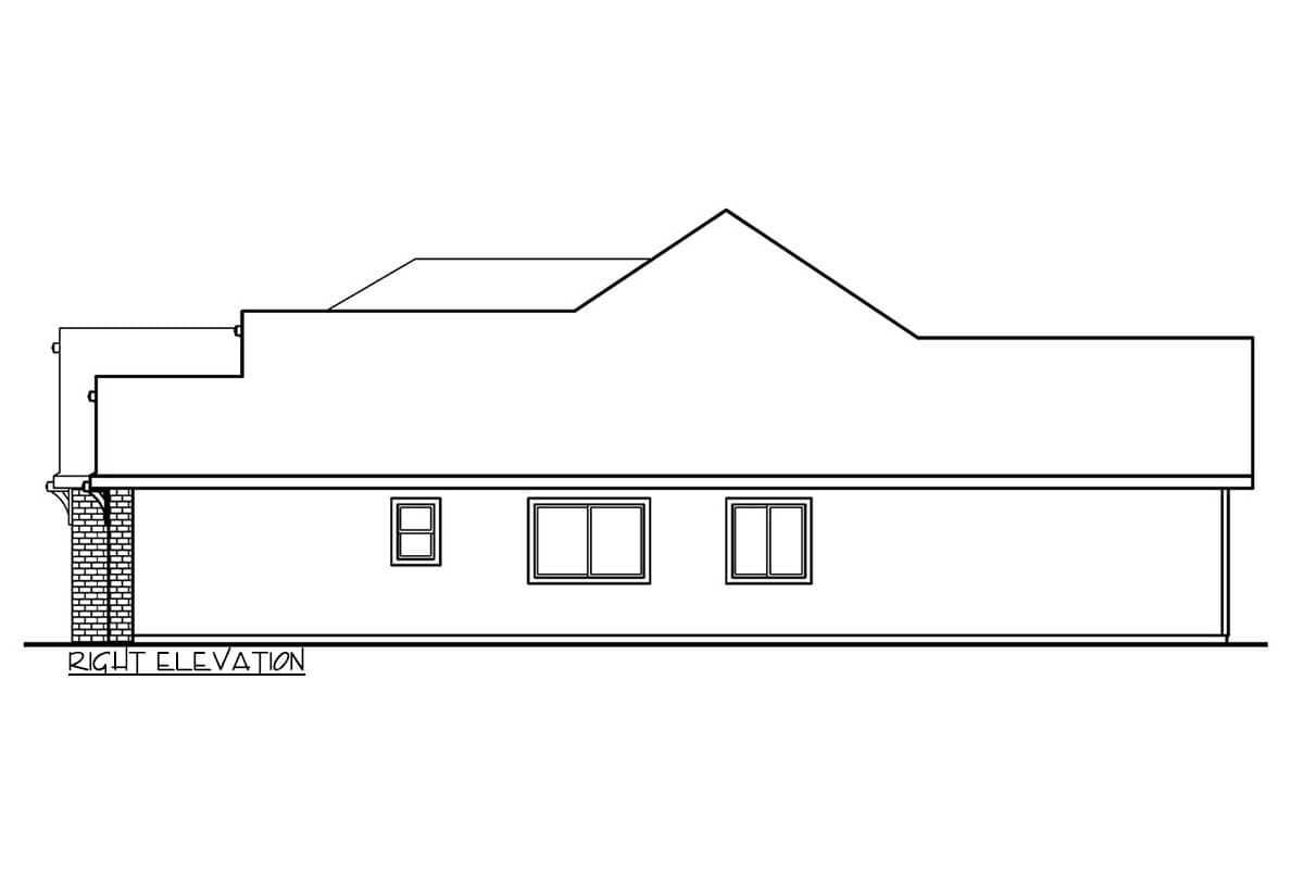 Right elevation drawing of a house plan, showing a multi-level roofline and three windows.