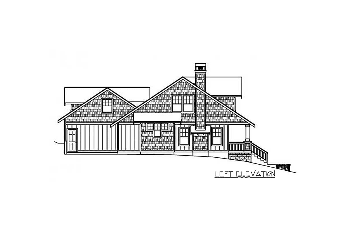 Left elevation house plan with gabled roof, dormers, covered porch, and attached garage.
