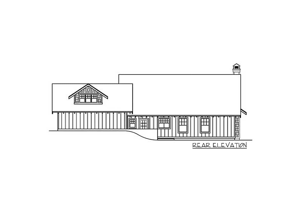 Rear elevation drawing of a house plan showing a prominent dormer, multiple windows, and vertical siding.