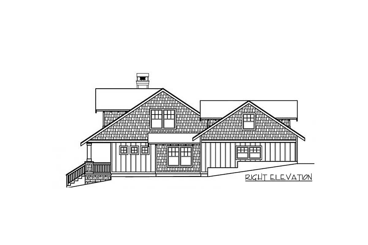 Right elevation drawing of a house plan with shingle and board-and-batten siding, multiple gables, and a covered porch.