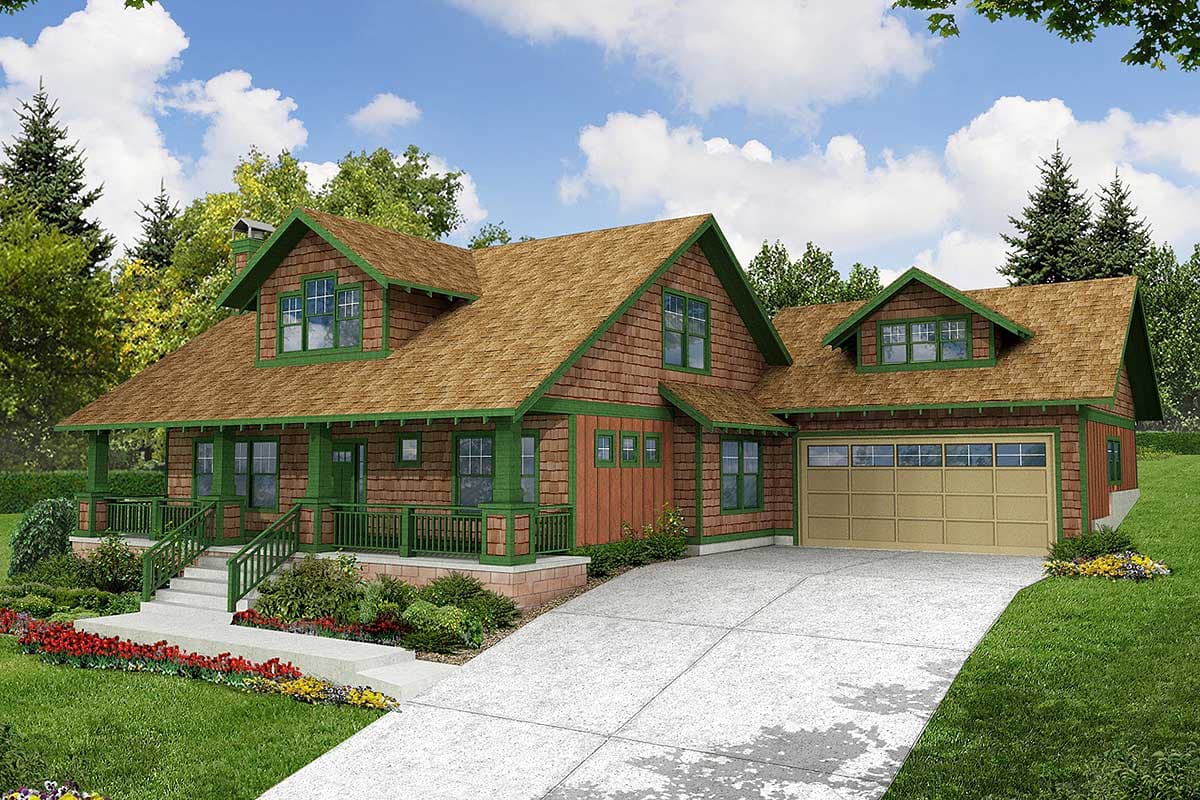 Craftsman style house plan exterior with a covered front porch, dormers, cedar shingles, and a side-entry garage.