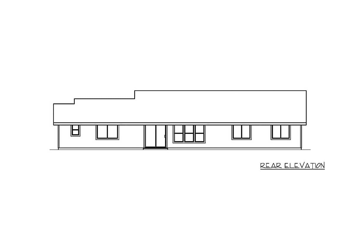 Rear elevation drawing of a single-story house with a stepped roofline, featuring a central door and multiple windows.