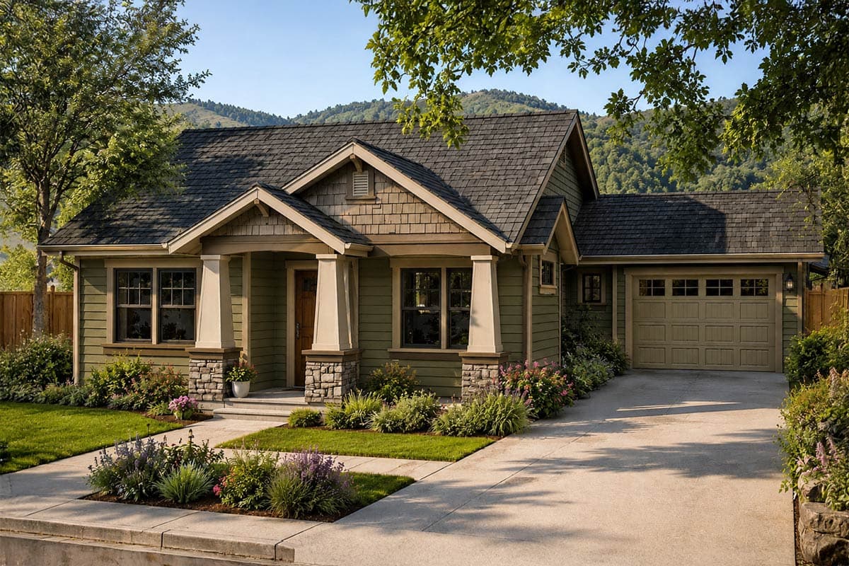 House plan exterior of a one-story Craftsman-style home with a covered front porch, dual gables, and an attached one-car garage.