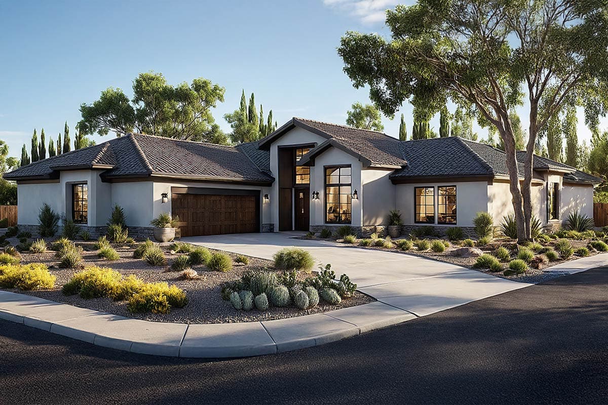 House plan exterior: single-story Modern style home with a prominent gable, wood garage door, and large windows.