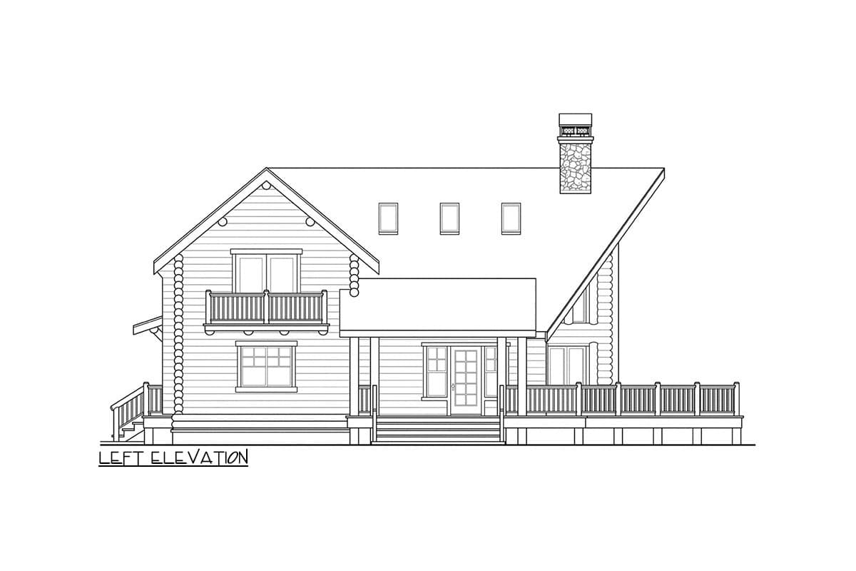 Log house plan, left elevation, featuring a covered porch, balcony, dormers, and stone chimney.