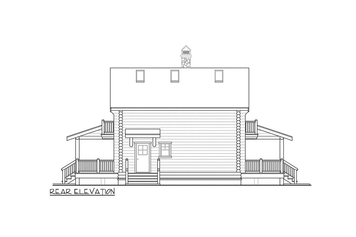 Rear elevation drawing of a log house plan with two covered porches, dormers, and a stone chimney.