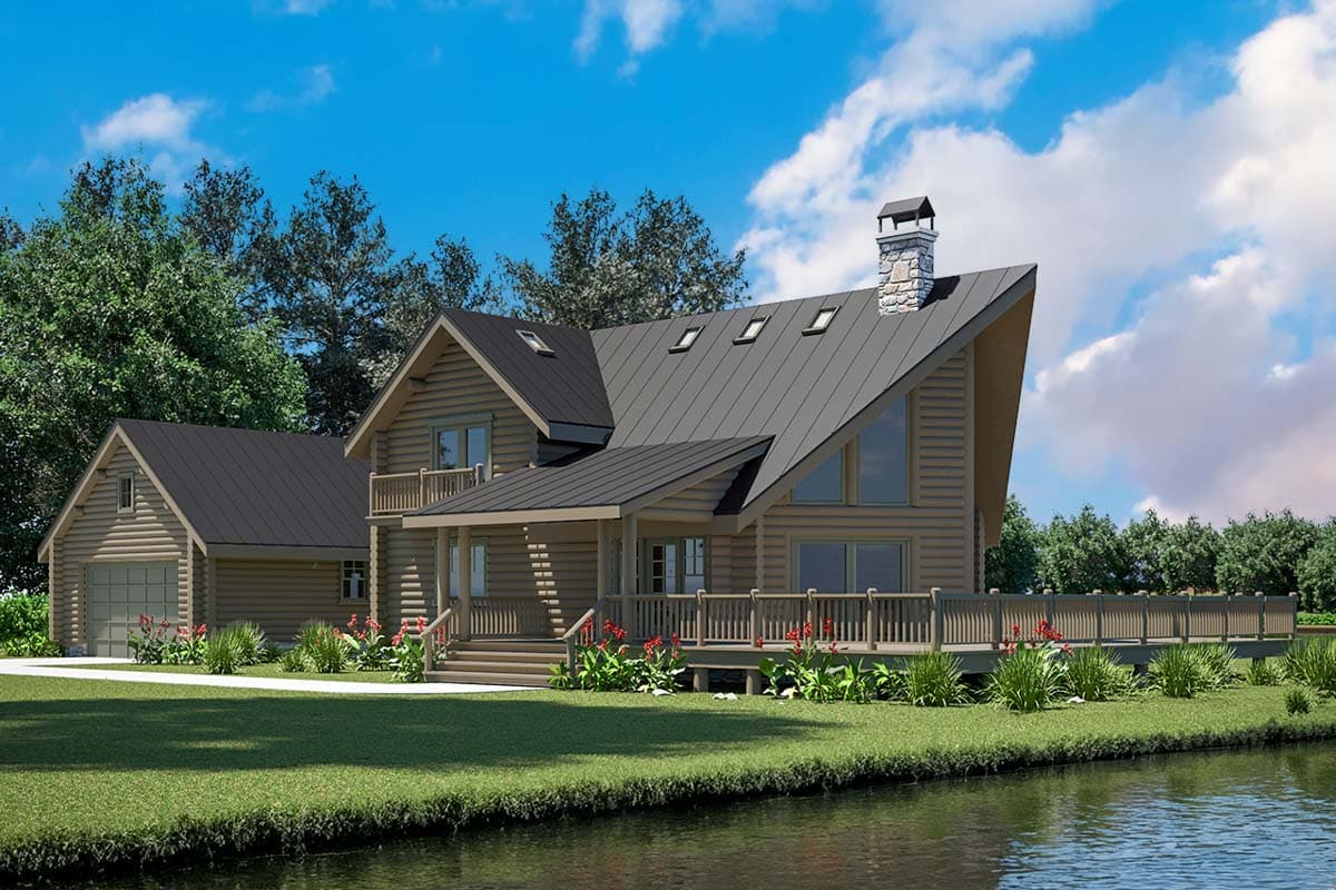 Log home exterior with a prominent stone chimney, multi-level rooflines, wraparound deck, and attached garage.