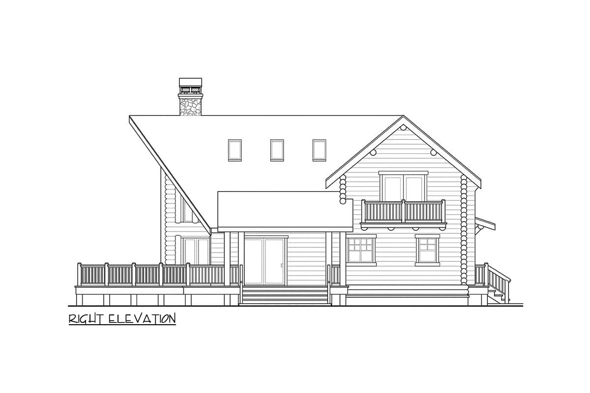 Log home house plan right elevation showing a pitched roof, dormers, porch, balcony, and stone chimney.