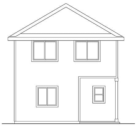 House plan exterior elevation drawing of a two-story house with a gable roof, five windows, and an attached section with one window.