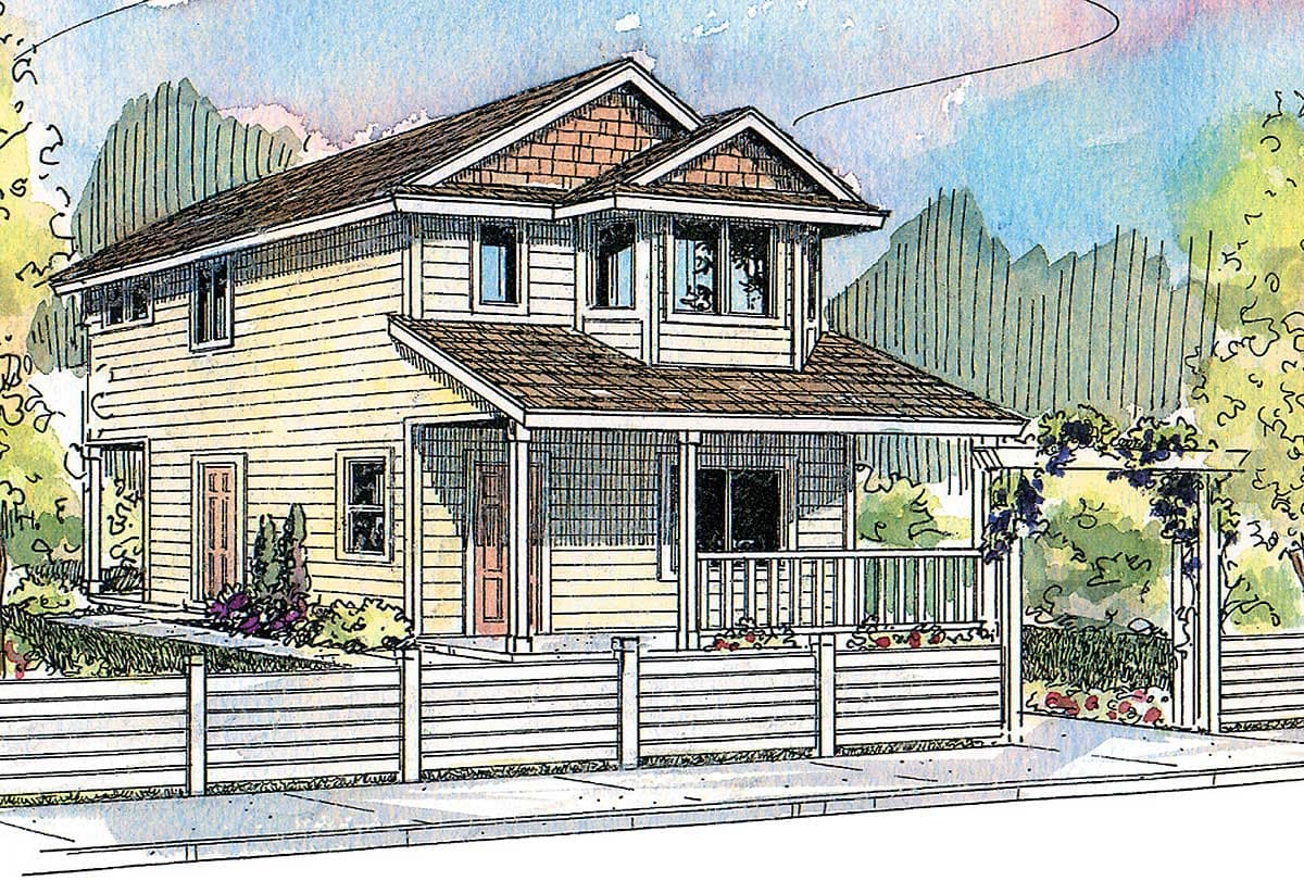 House plan exterior: two-story home with clapboard siding, a covered front porch, and prominent gables.
