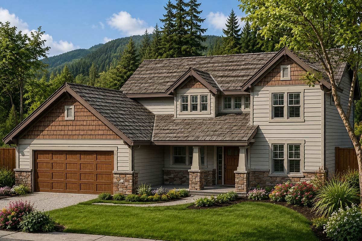 House plan exterior: Two-story home with gabled dormers, stone accents, covered porch with stone columns, and a side-facing garage.