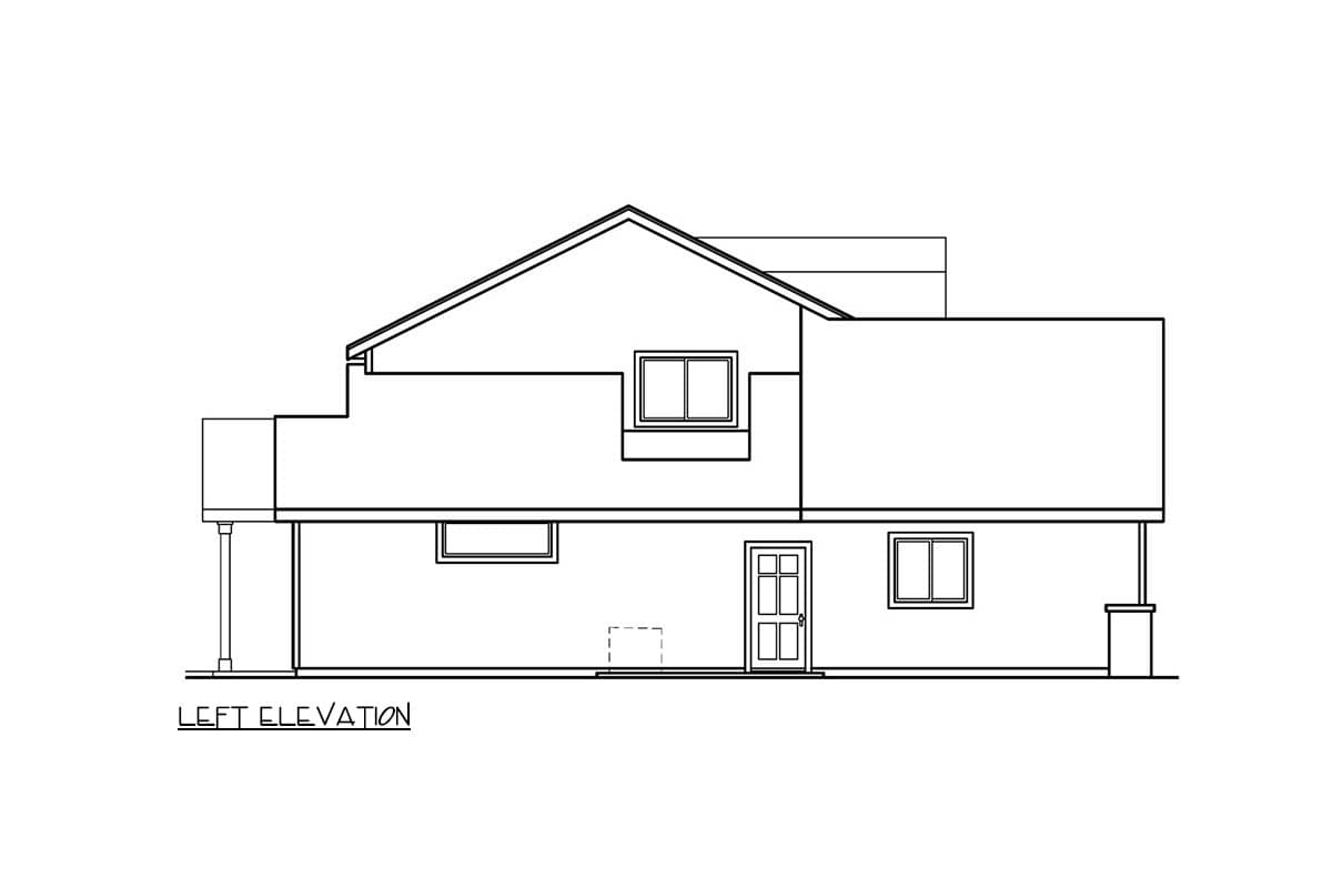 House plan exterior elevation showing a two-story design with gabled rooflines, a covered porch with sliding glass doors, and multiple windows.