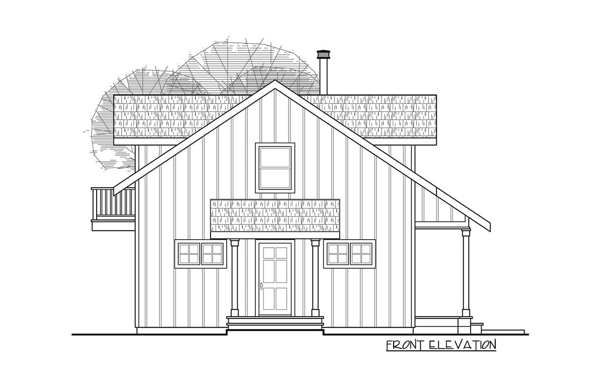 Front elevation drawing of a house plan with gabled roof, dormer, balcony, and porch.
