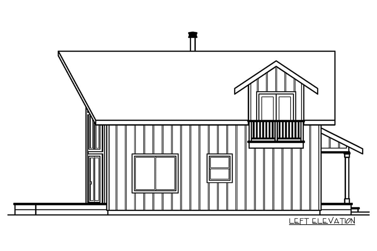 Left elevation drawing of a house plan featuring vertical siding, a gabled dormer with balcony, and a covered porch.