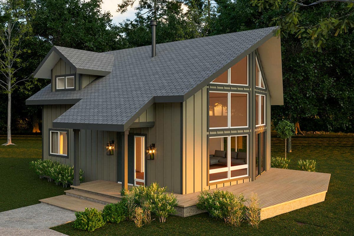 Modern house plan exterior with asymmetrical gables, prominent dormer, covered porch, and a two-story window wall.