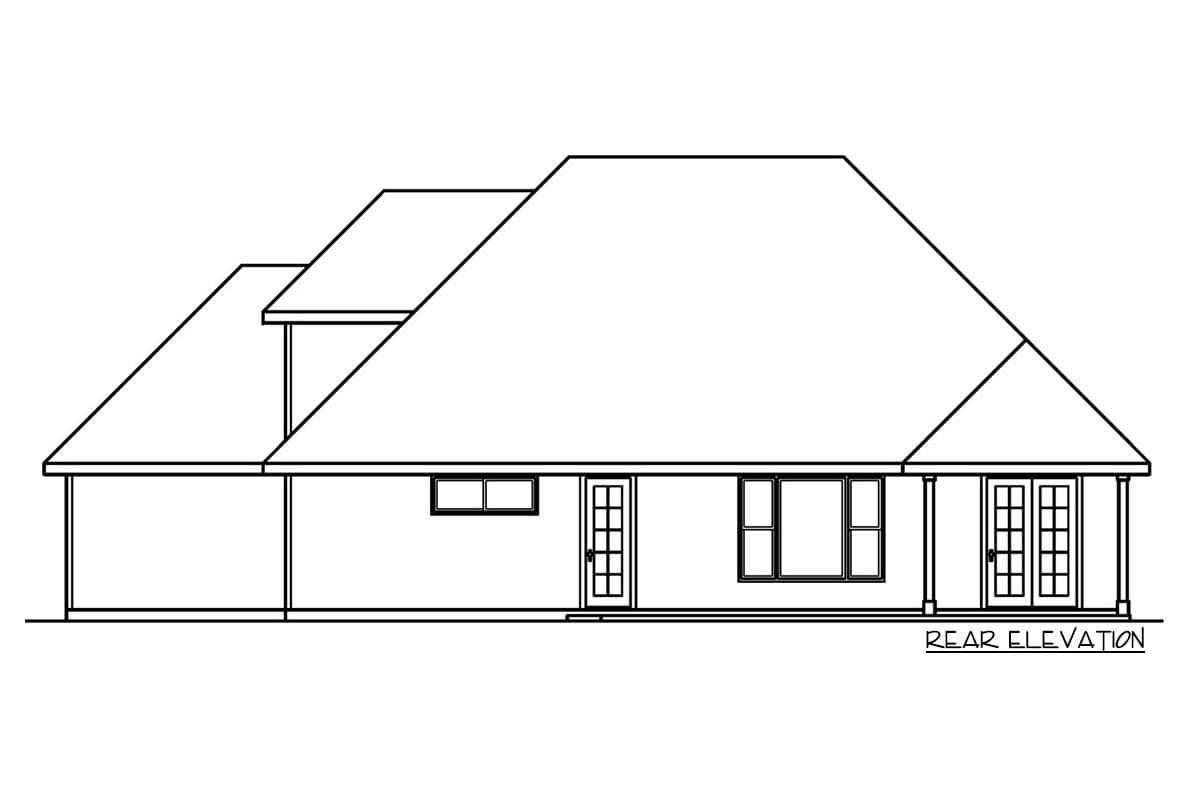 Rear elevation house plan showing multiple gables, a covered patio area, two doors, and two windows.