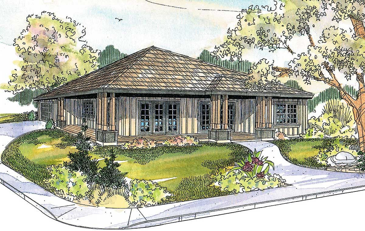 House plan exterior: Single-story ranch with hip roof, covered porch supported by square columns, and double-door entry.