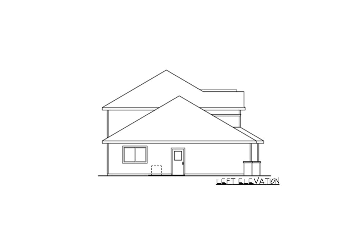 Left elevation drawing of a two-story house plan with hip and gable roofs, one window, and a door.