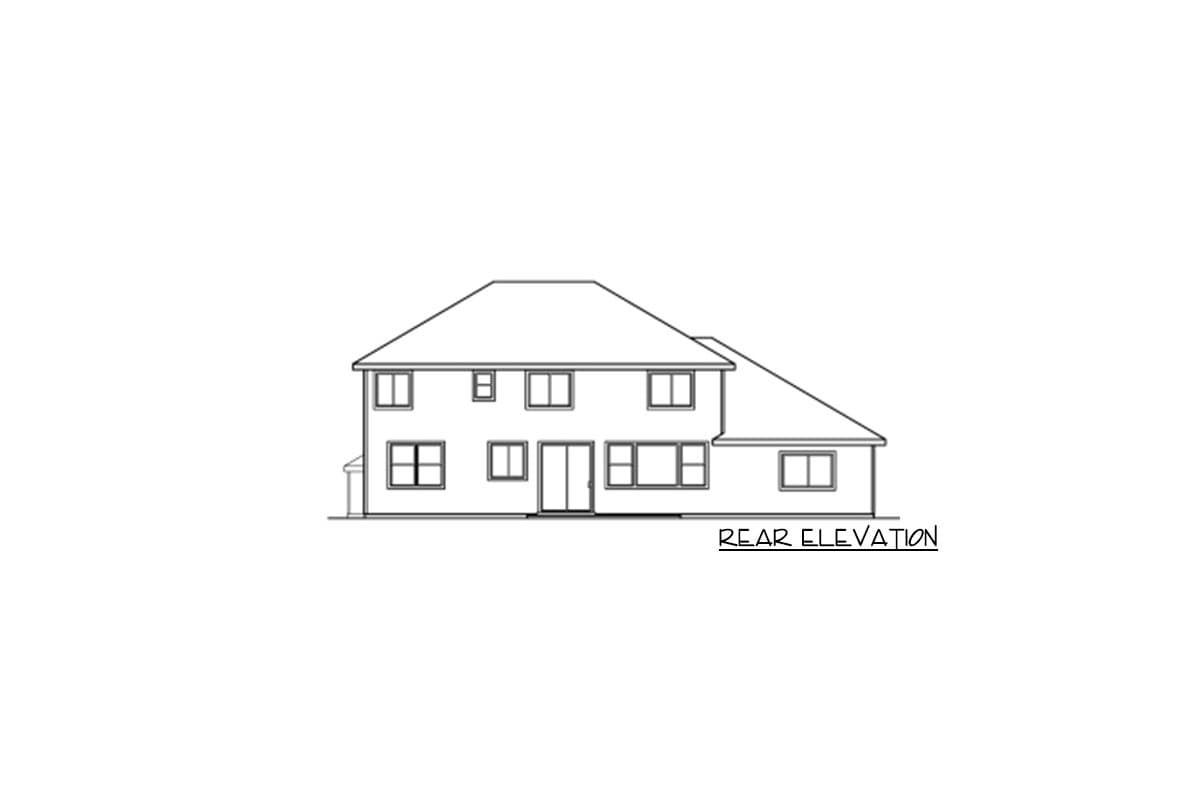 Rear elevation drawing of a two-story house with multiple windows and a prominent hipped roof.