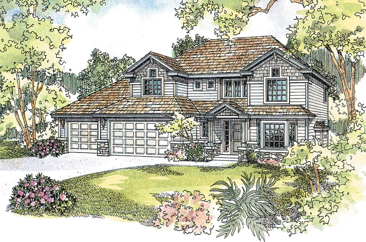 House plan exterior of a two-story home with a three-car garage, prominent gables, stone accents, and a covered entry.