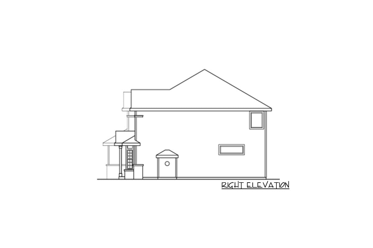 House plan right elevation showing a two-story structure with a covered porch and prominent gabled roof.