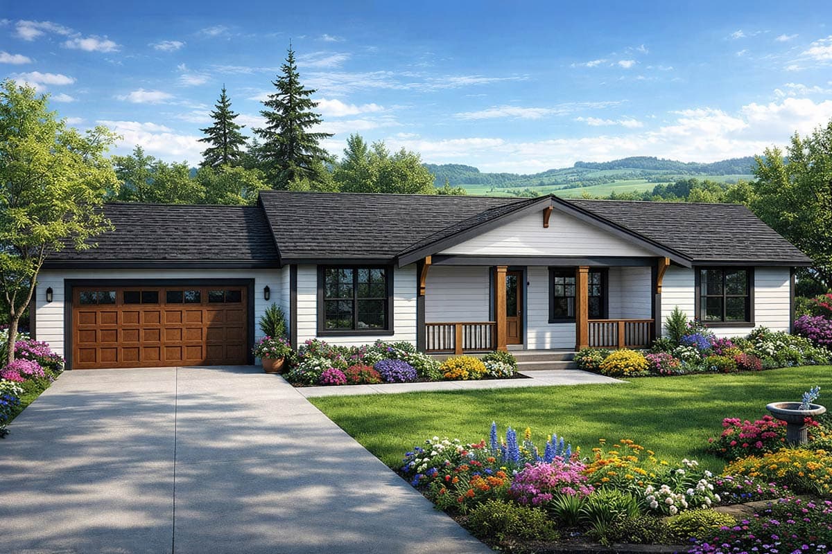 Ranch style house plan exterior with a covered front porch, attached garage, and wide eaves.