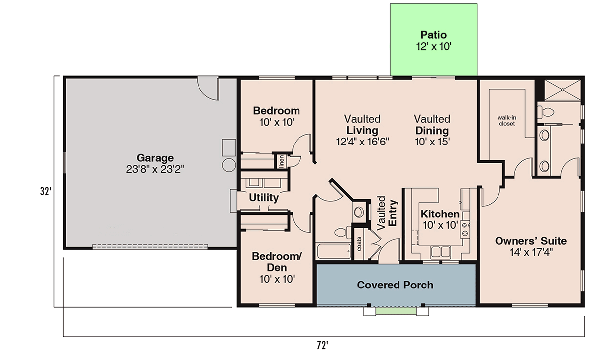 Plan 72138DA: Country Ranch House Plan with Vaulted Living and 3 Bedrooms - Floor Plan - Main Level - Country, Ranch, Traditional