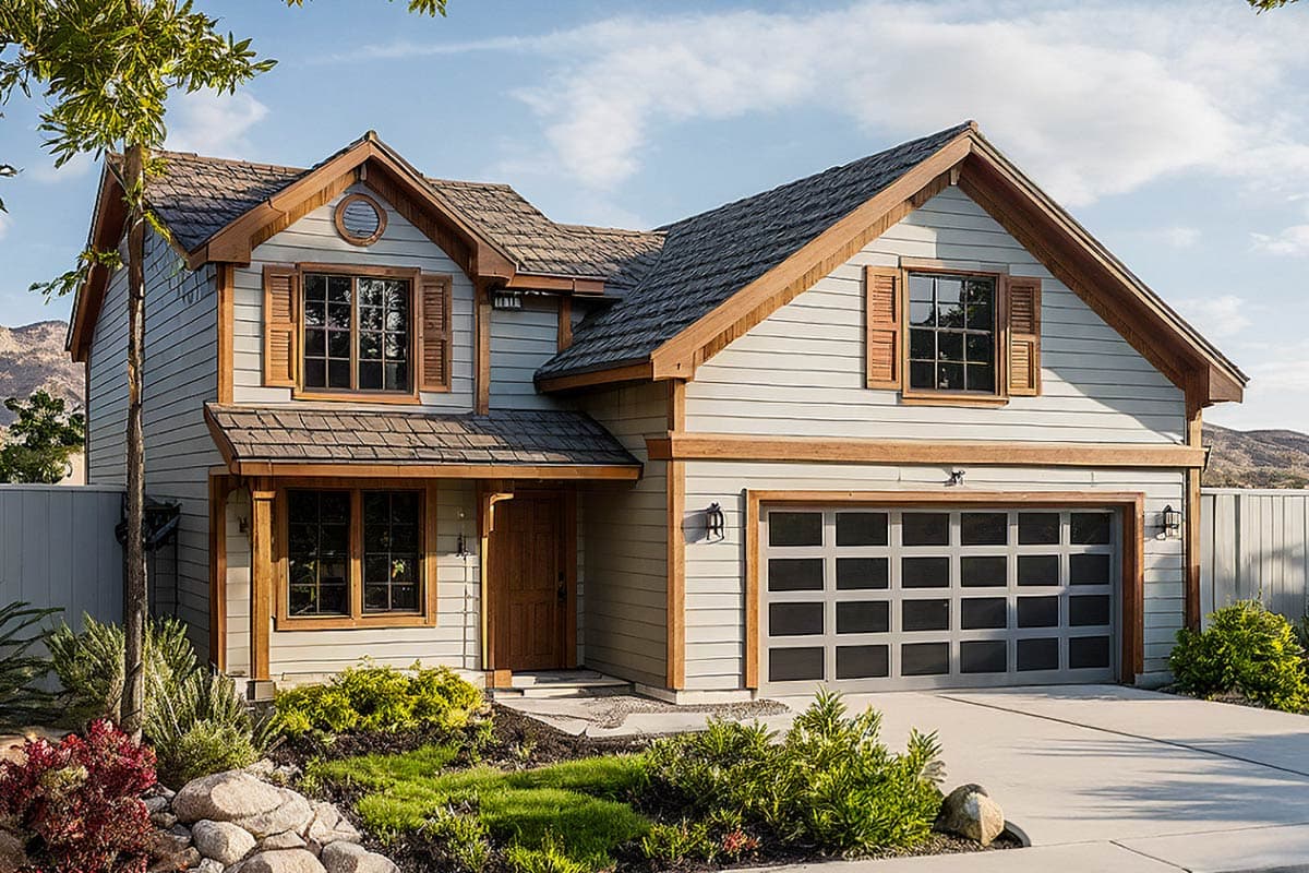 House plan exterior: Two-story home with wood siding, gables, decorative shutters, covered entry, and glass panel garage door.