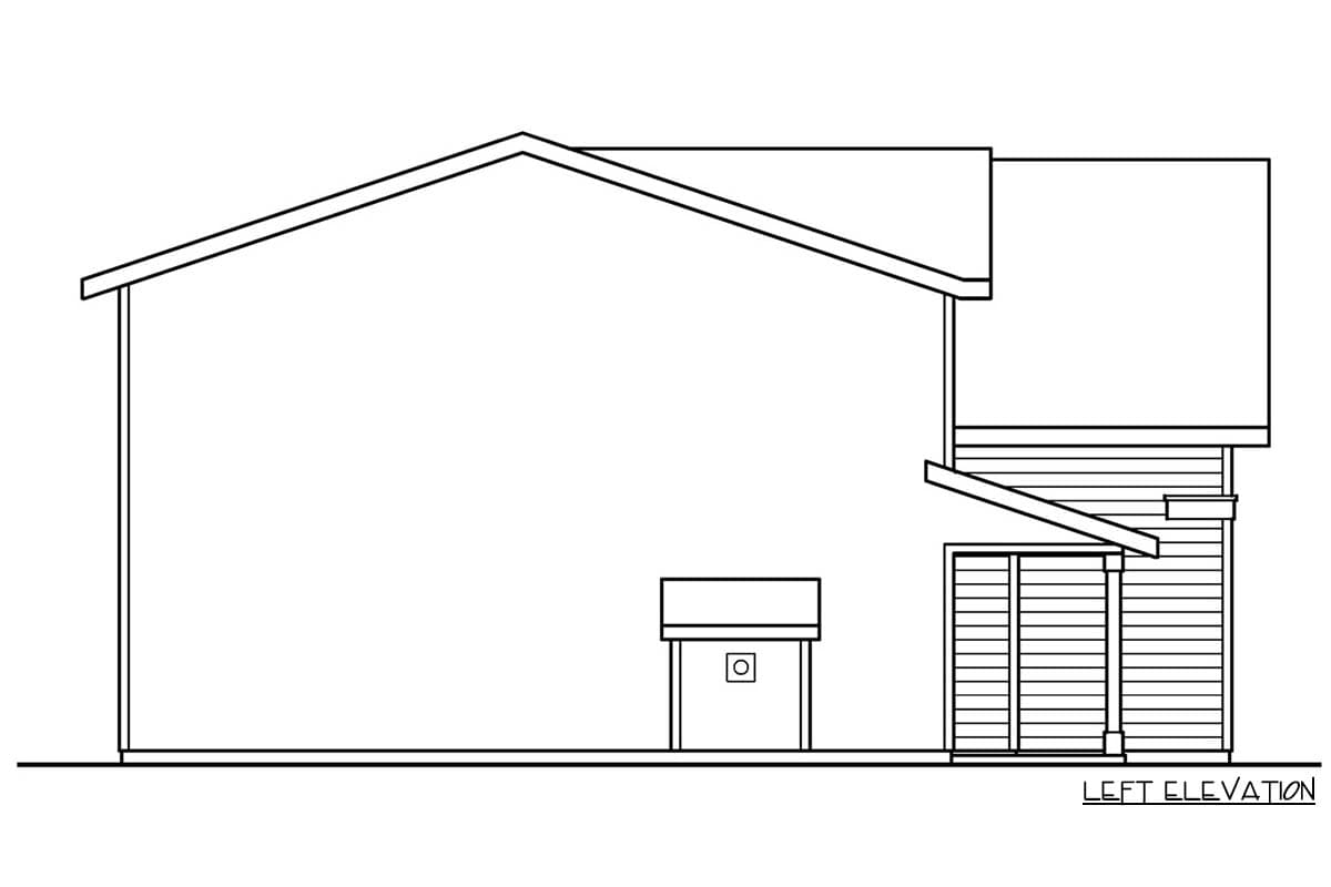 Left elevation house plan showing a large gable roof, a covered outdoor cooking area, and a sliding glass door entry.