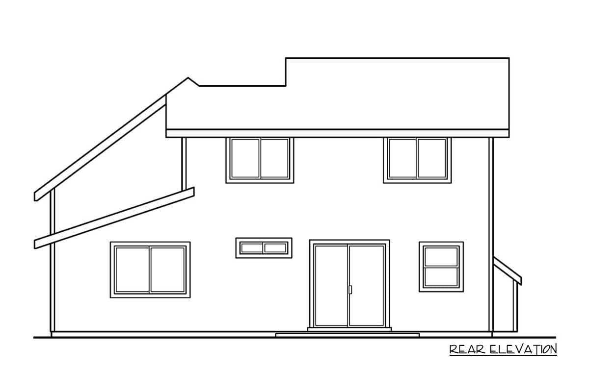 Rear elevation of a two-story house plan with a prominent gable roofline and sliding glass doors.
