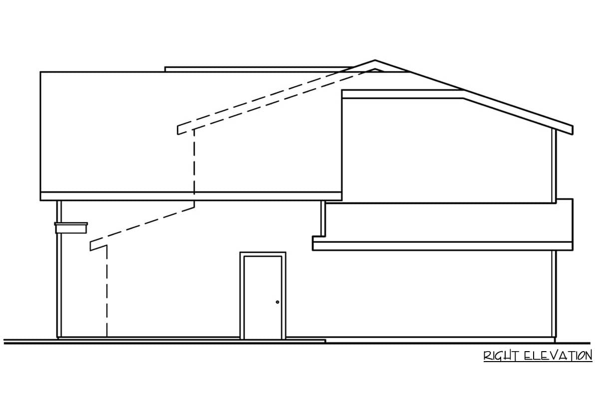 Right elevation drawing of a two-story house plan showing a sloped roof, inset second-story section, and a ground-level door.