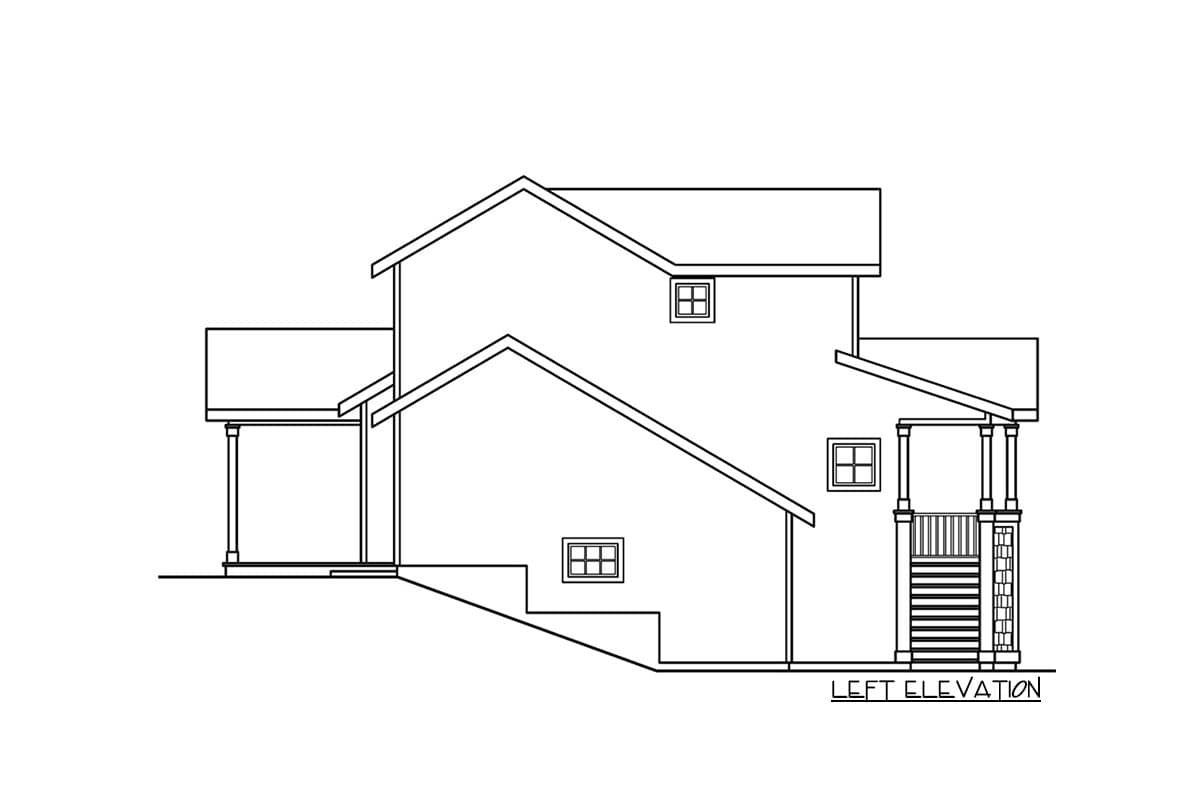 Left elevation house plan shows a two-story structure with a side porch, gables, and multiple windows.