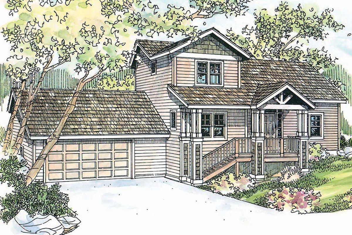 House plan exterior of a two-story home with a gabled entrance porch, attached garage, and varied rooflines.