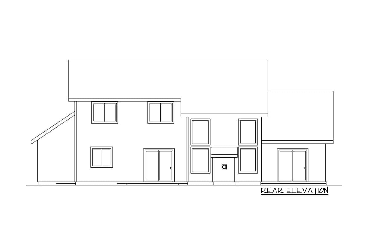Rear elevation of a two-story house plan featuring a sloped roofline, multiple windows, and two sliding doors.
