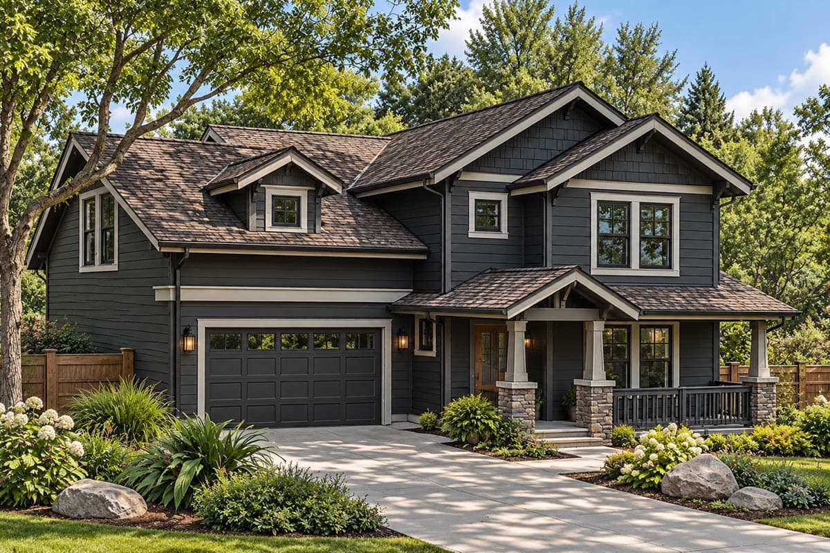 Front elevation drawing of a two-story house plan with a prominent gable and sliding glass doors.