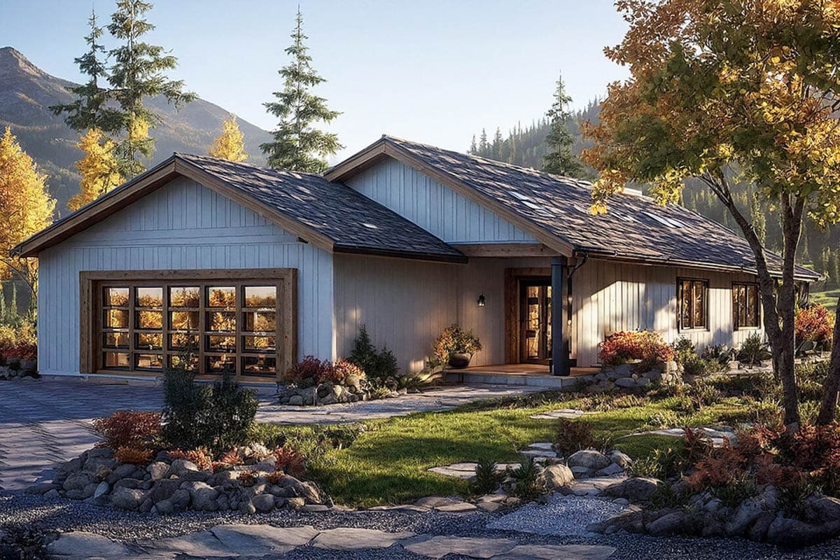 House plan exterior: Ranch style, single story with gable rooflines, a wood-framed glass garage door, and a covered entry.