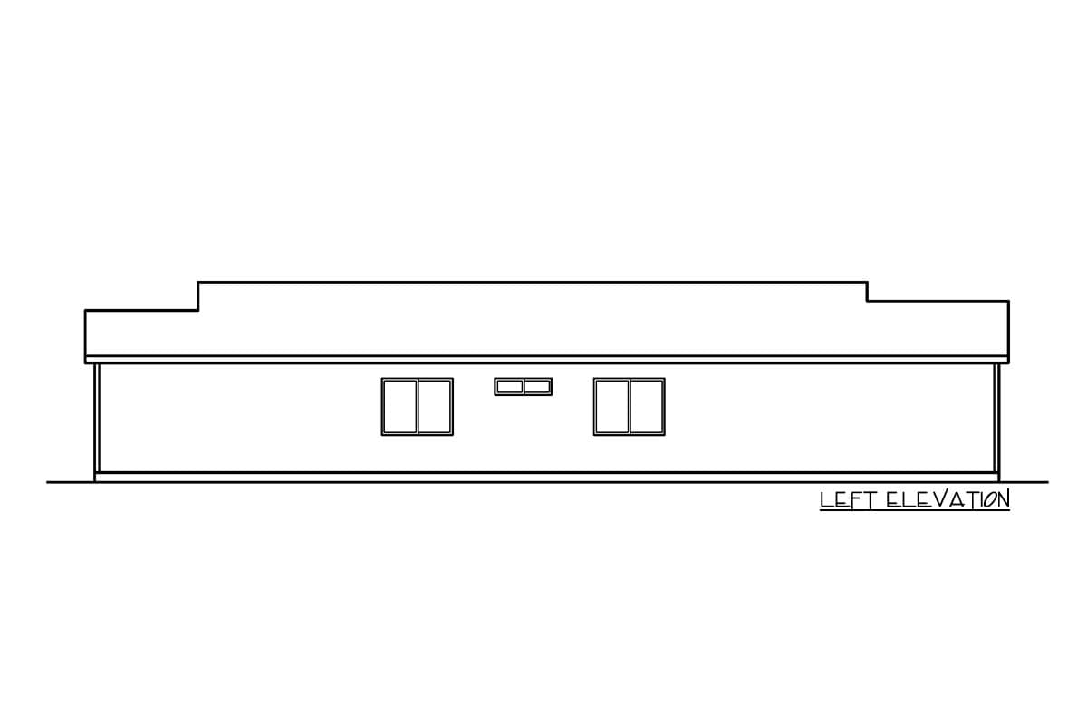 House plan left elevation showing a single-story building with two windows and a stepped roofline.