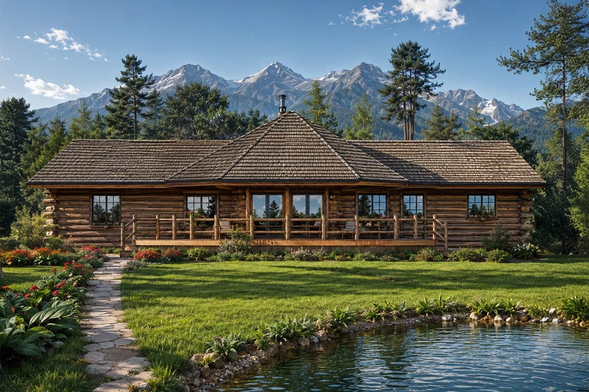 Log home house plan exterior, one story, with a covered porch, central gable roof, and multiple windows.