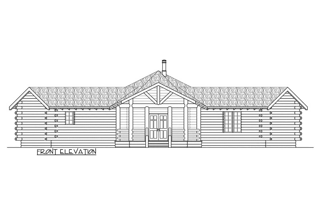 Log home floor plan exterior showing a covered entry with double doors, gabled roof, and symmetrical window placement.