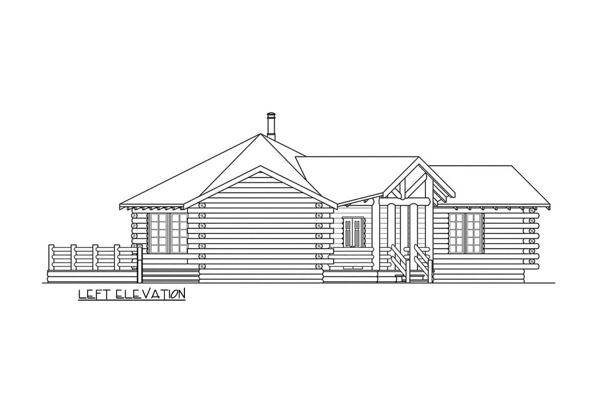 House plan exterior: One-story log cabin with prominent gable, covered porch, chimney, and extensive deck.